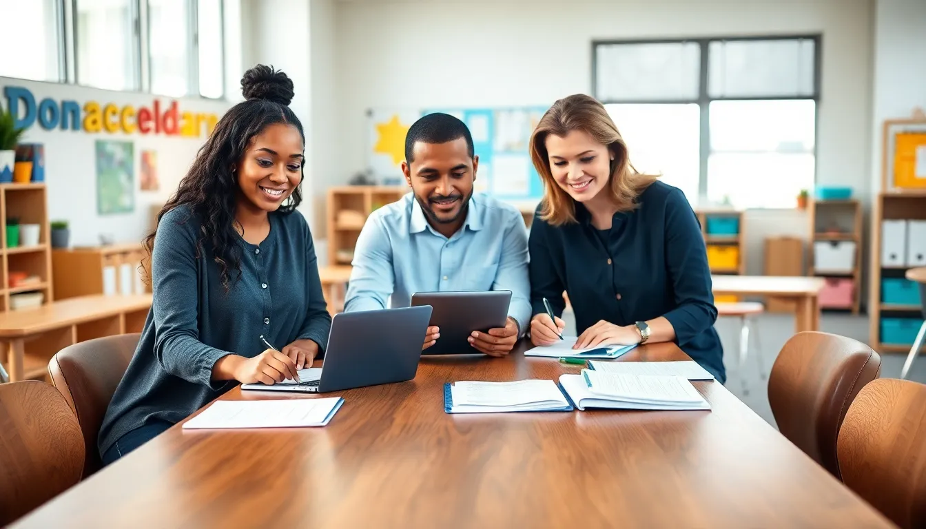 diverse educators collaborating on special education strategies in a modern classroom.