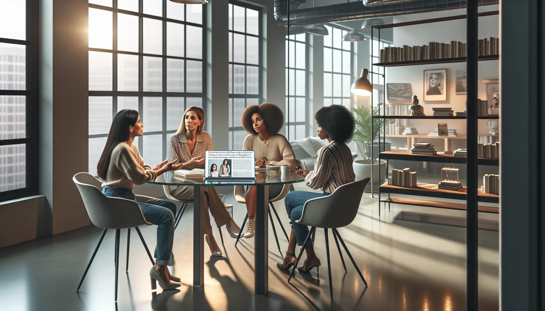 diverse group of mothers discussing parenting challenges in a modern office.