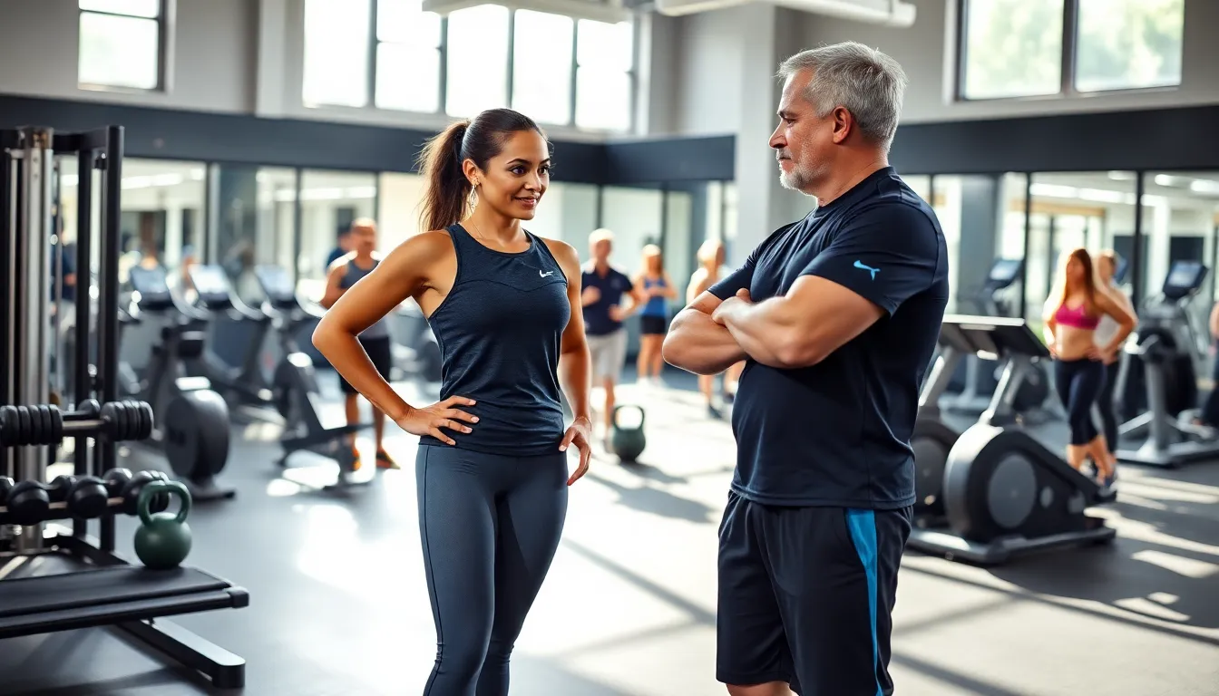 personal trainer guiding a client in a modern gym setting.