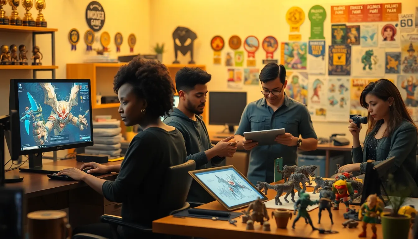 A diverse group of game developers working in a vibrant studio.