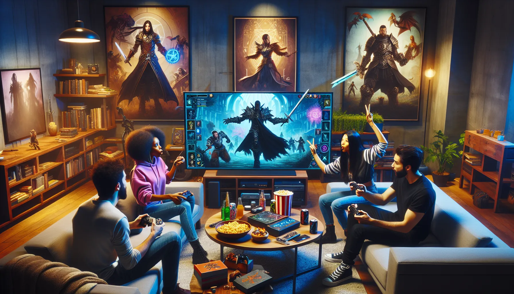 diverse group of gamers playing an RPG in a modern living room.