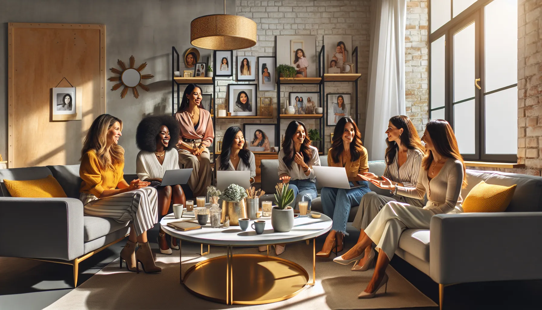 diverse group of moms in a bright, modern living room discussing parenting online.
