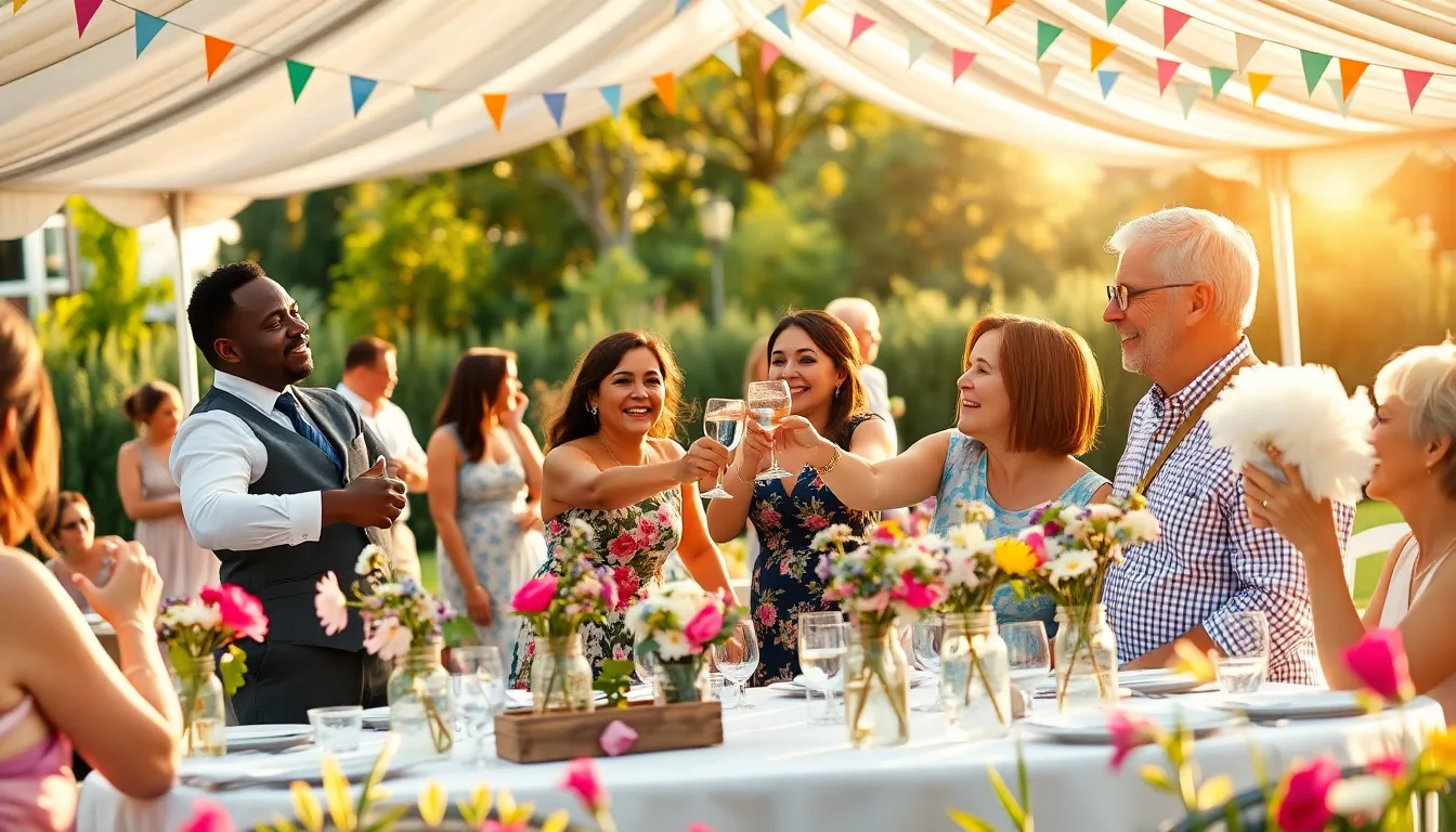 A joyful outdoor wedding reception with diverse guests and DIY decor.