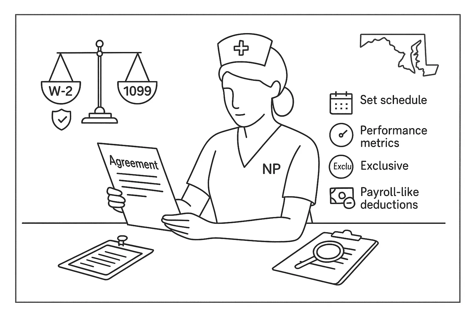 Nurse practitioner reviewing contract with W-2 vs 1099 icons and Maryland outline.