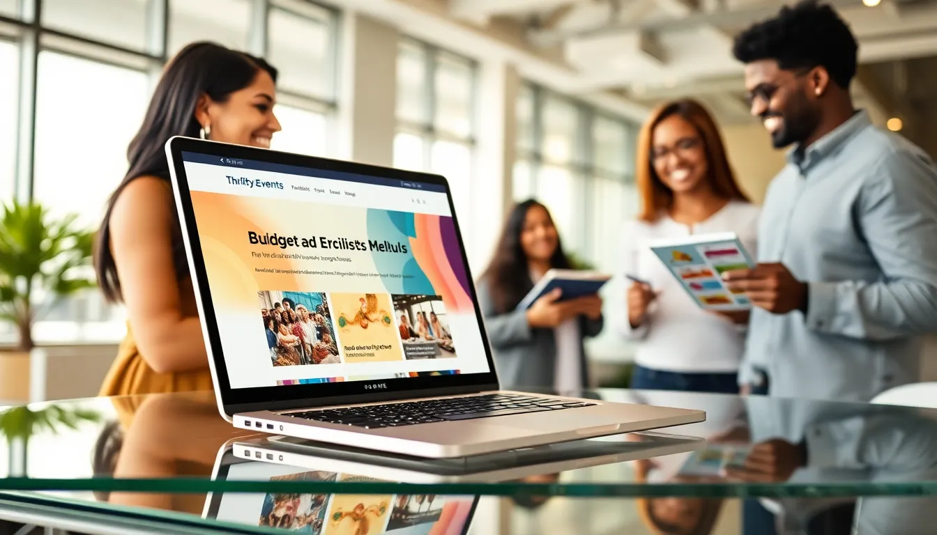 Diverse professionals collaboratively planning an event at a modern office desk.