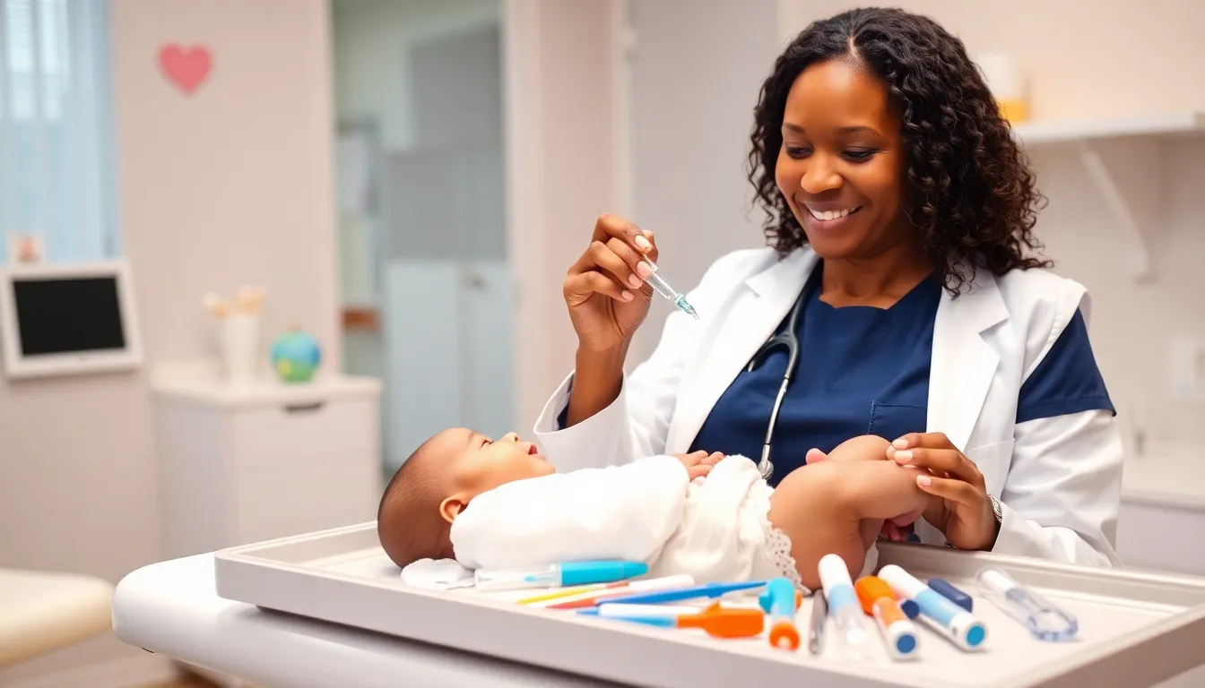 healthcare professional administering saline drops to a baby in a pediatric office.