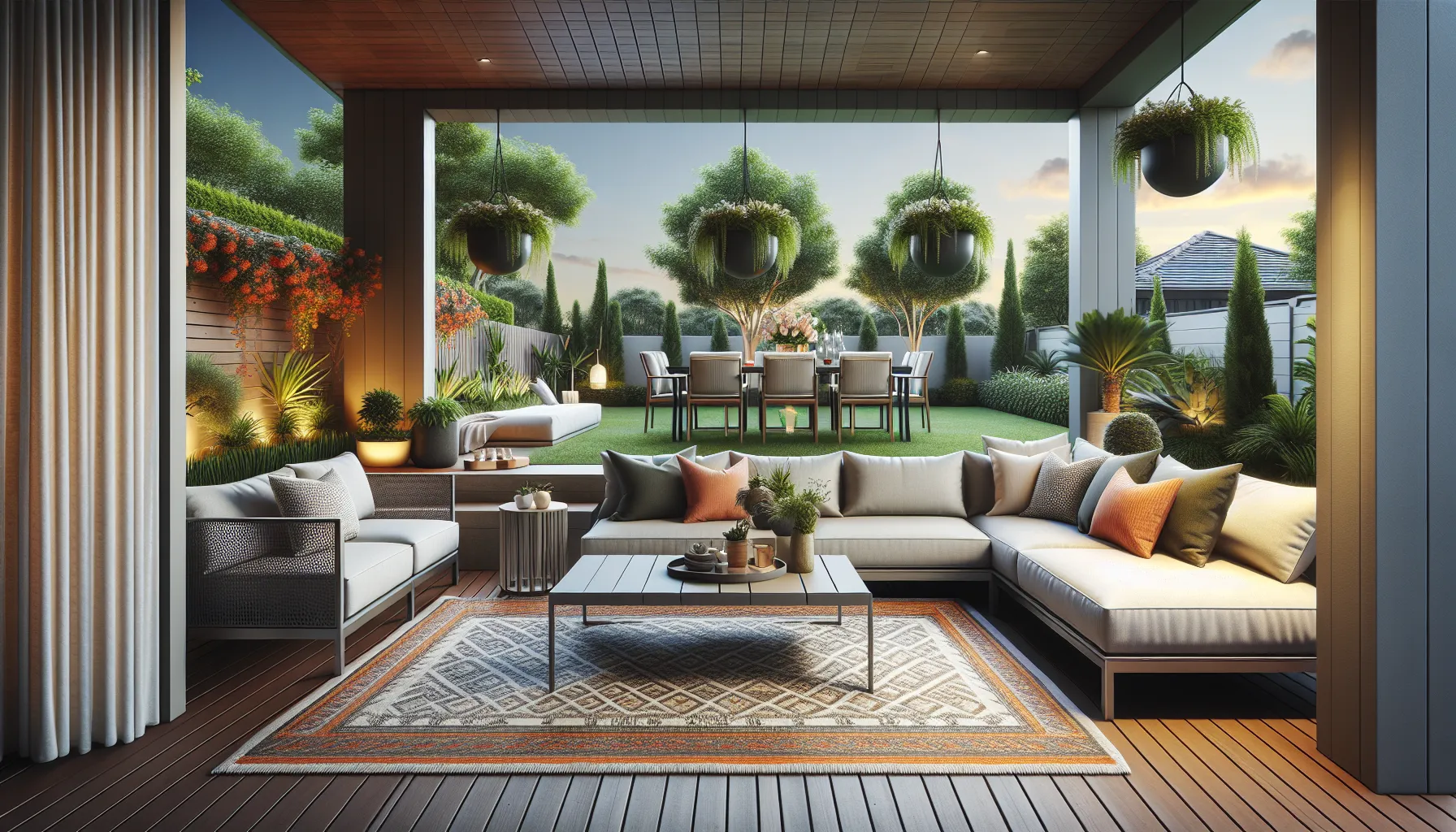 modern patio with stylish furniture and greenery for outdoor living.