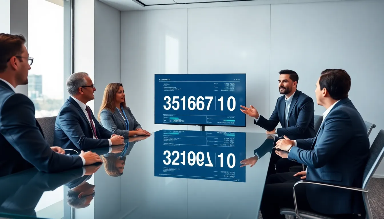 professionals discussing technology in a modern conference room.