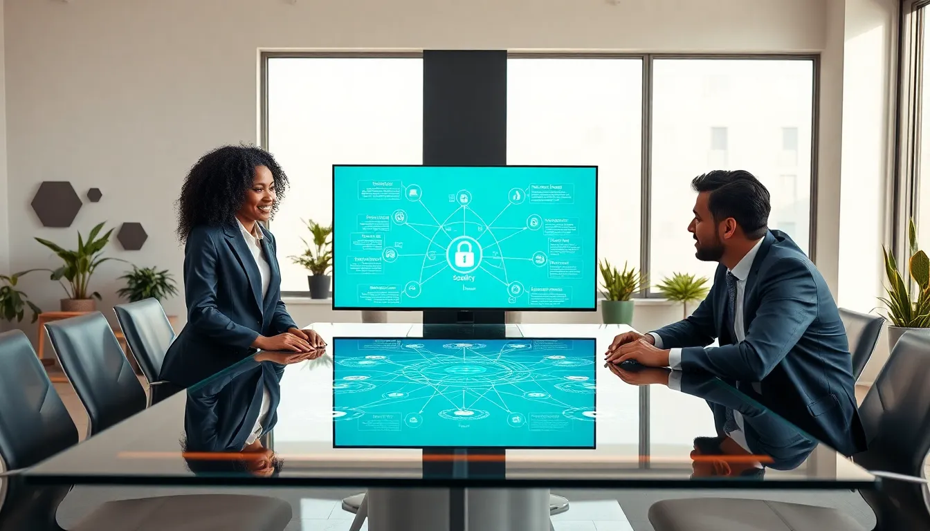 diverse team discussing blockchain technology in a modern office.