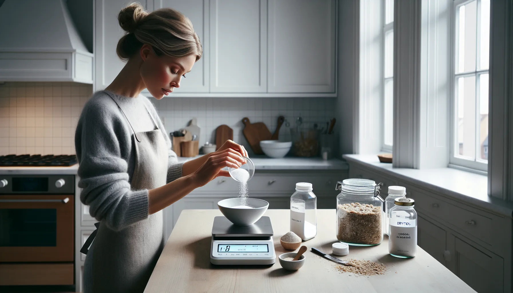 Norwegian home baker weighing erythritol, surrounded by healthier sugar alternatives.