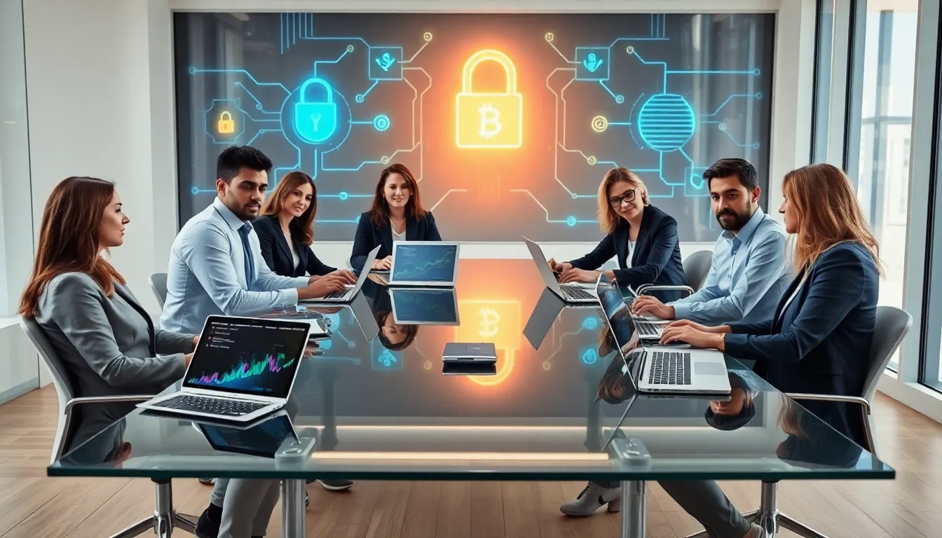 diverse team discussing cryptocurrency in a modern office.