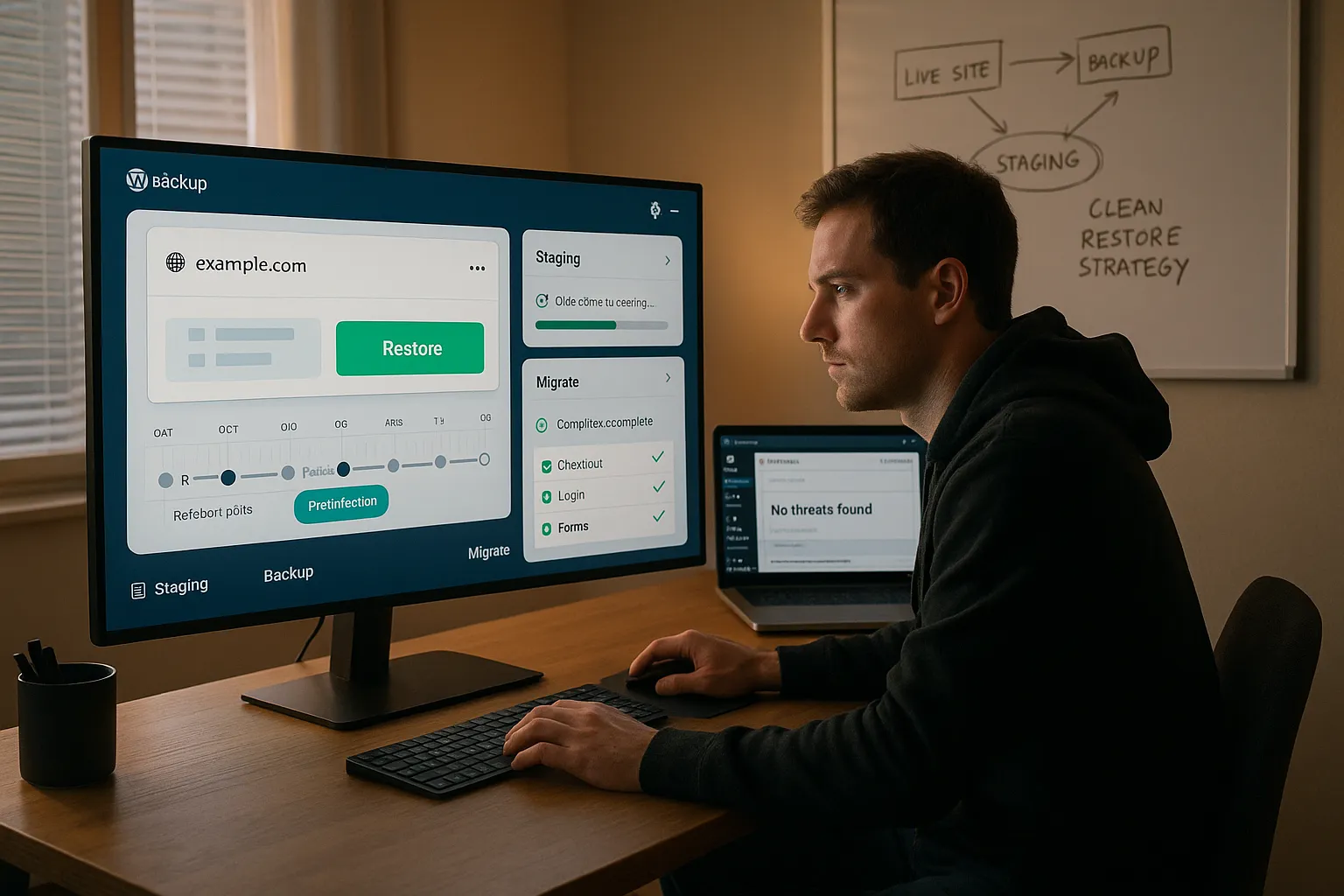 7 Best WordPress Malware Removal Options For Small Business Sites 7 Developer restoring a clean WordPress backup and testing a staging site on screen.