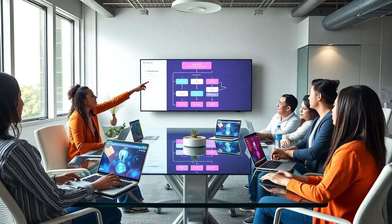 diverse team collaborating on no-code app development in a modern office.