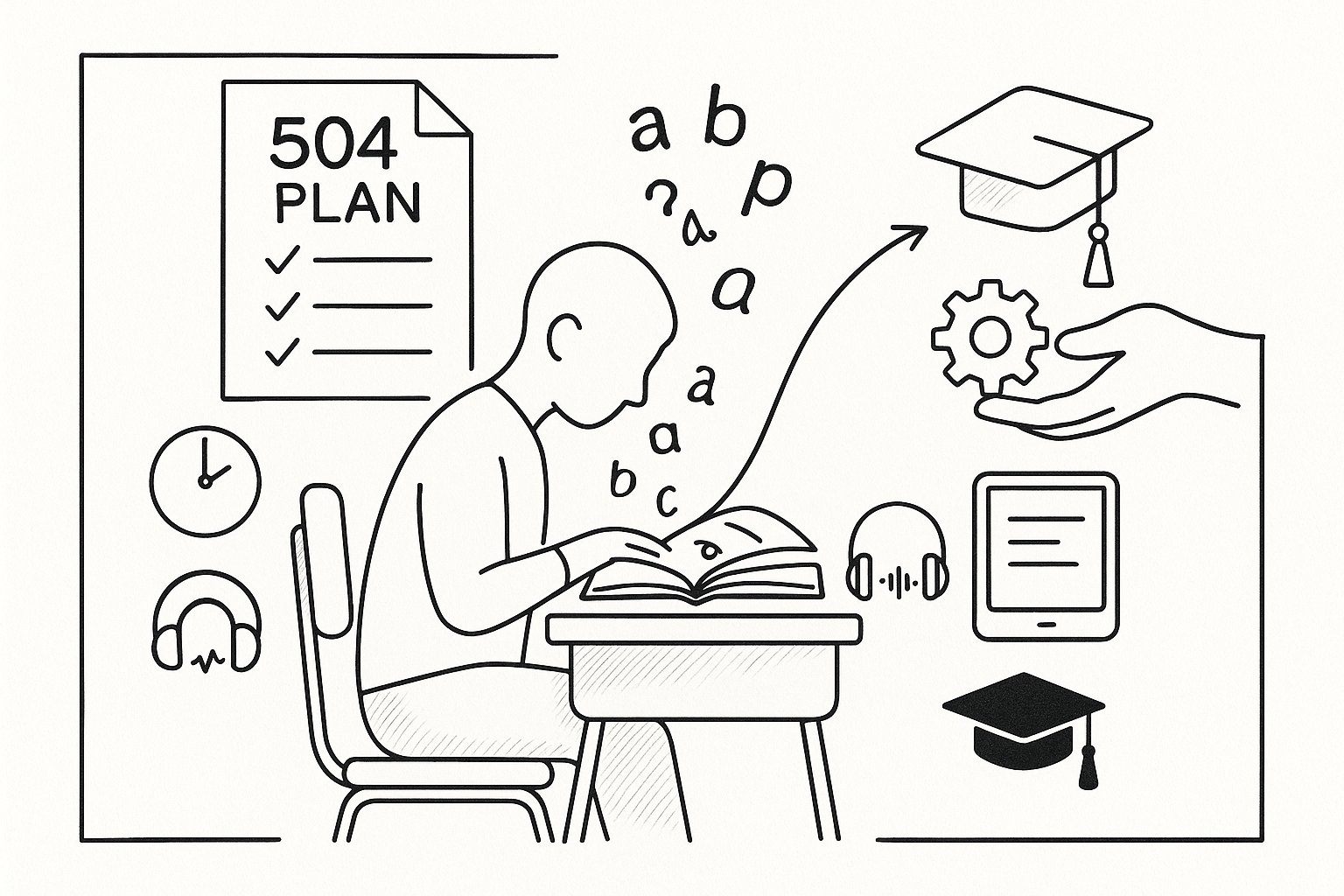 Student at a desk with a hovering 504 Plan and a gear being removed. - What Is a 504 Plan for Dyslexia A Practical Guide For Parents And Educators 2026