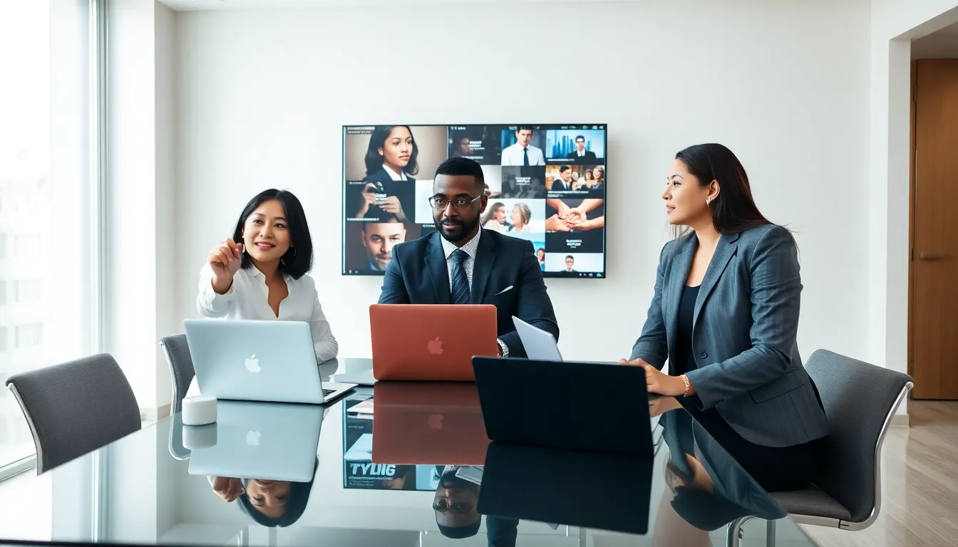 diverse professionals discussing media analysis in a modern office