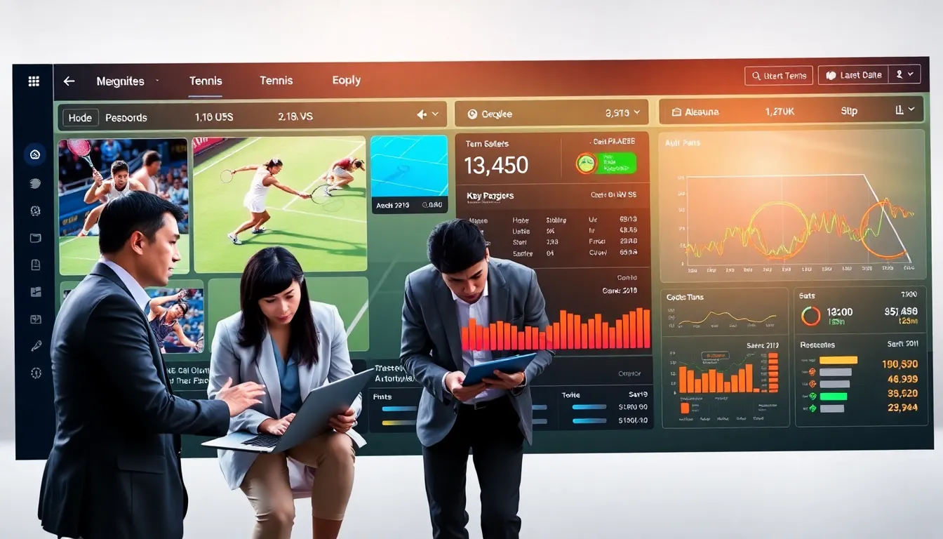 diverse sports analysts discussing tennis coverage in a modern setting.