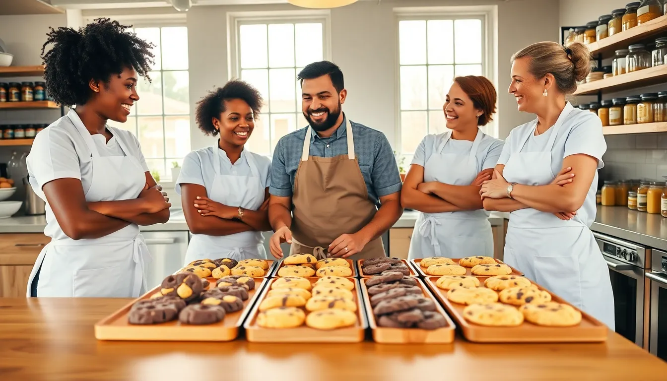 diverse bakers collaborating in a warm bakery environment.