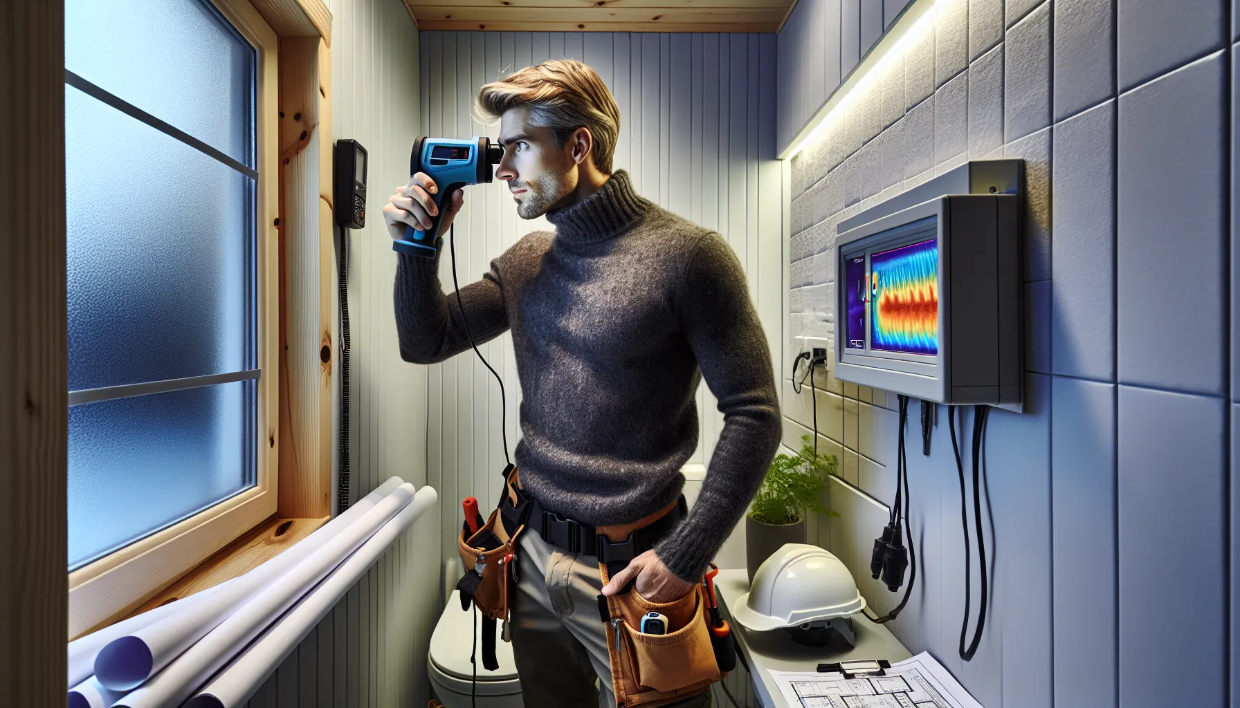 Norwegian inspector scans bathroom wall with thermal camera during renovation assessment.