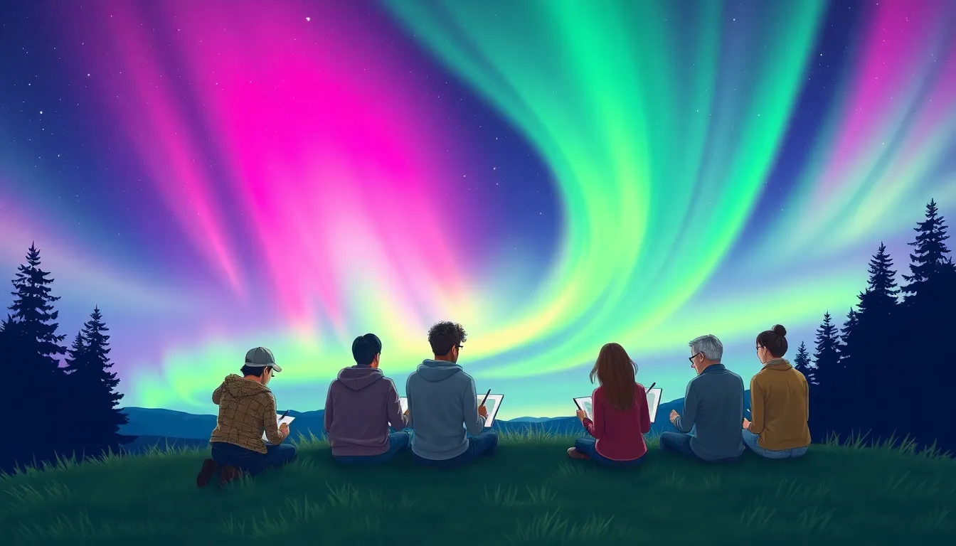 artists sketching the northern lights in a tranquil outdoor setting.