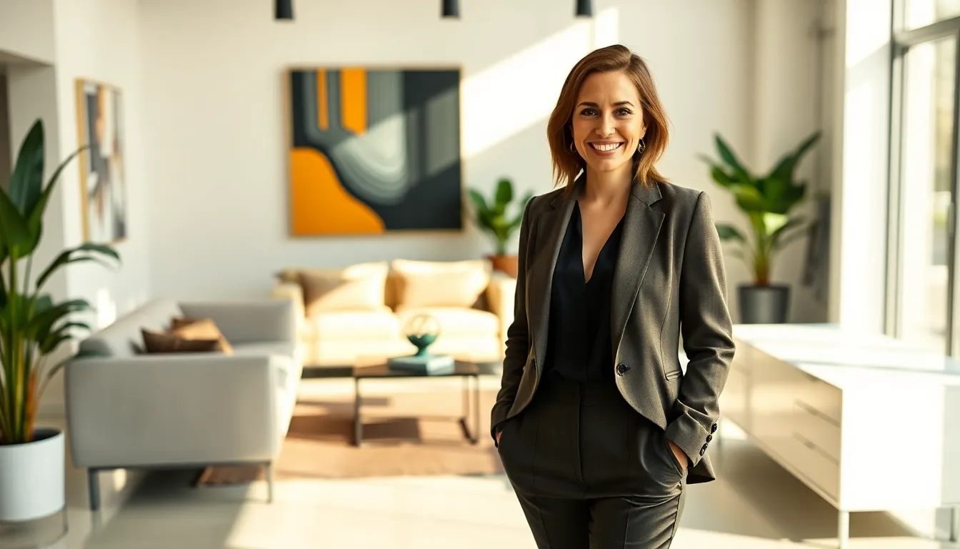 Claudia Doumit in a modern office setting, representing her acting career.