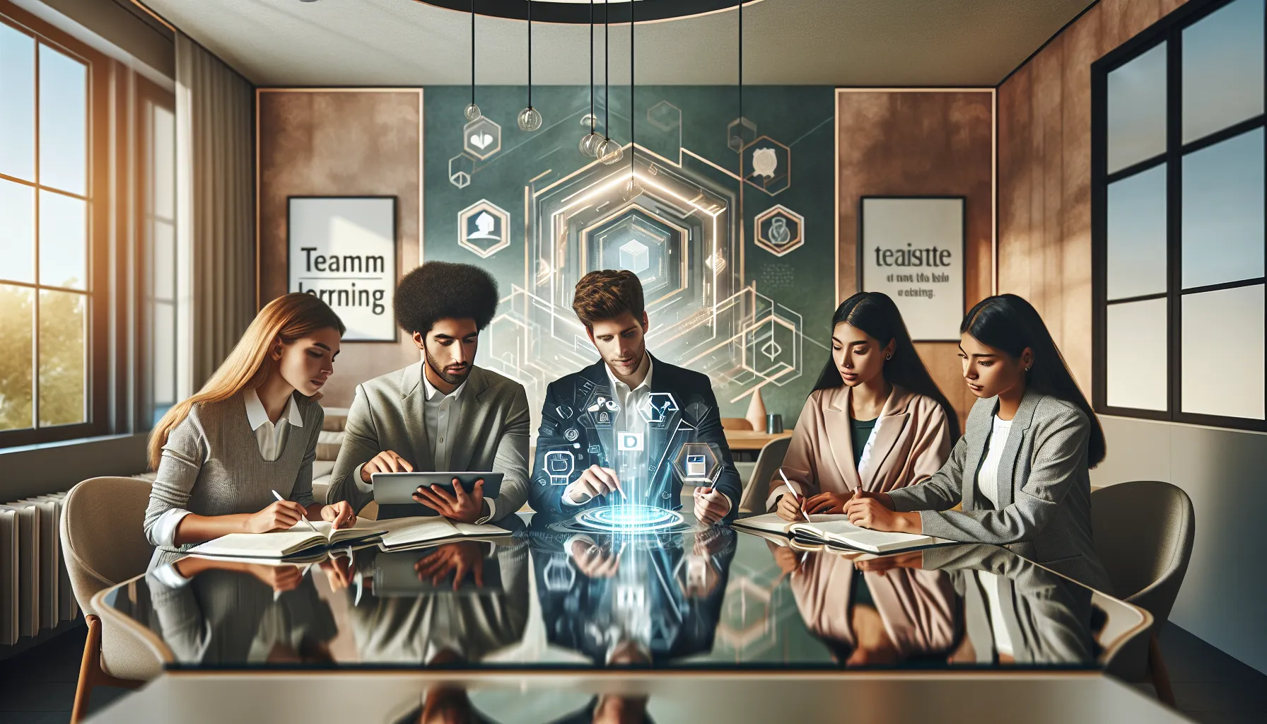 diverse students collaborating on digital learning materials.