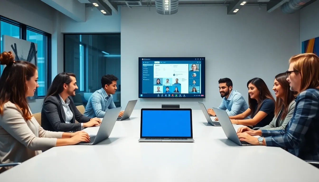 diverse team collaborating using Microsoft Lync in a modern office.