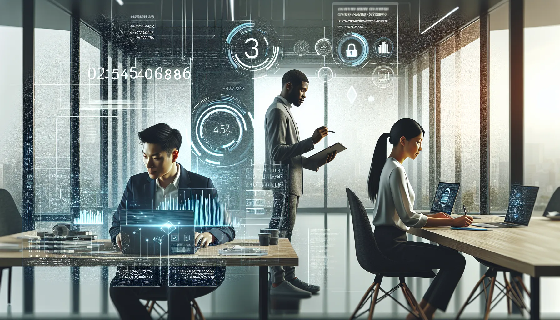 team analyzing data in a modern office with digital displays.