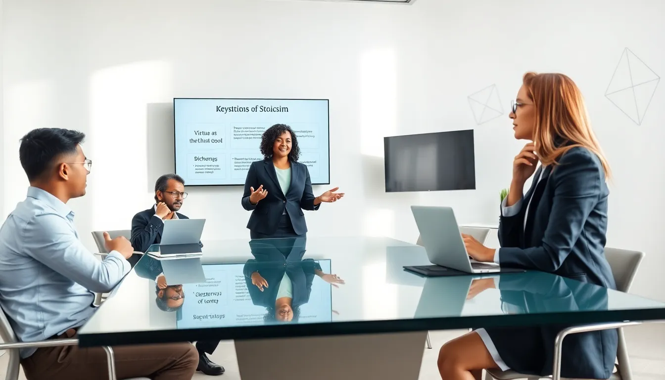 diverse professionals discussing stoic principles in a modern office.