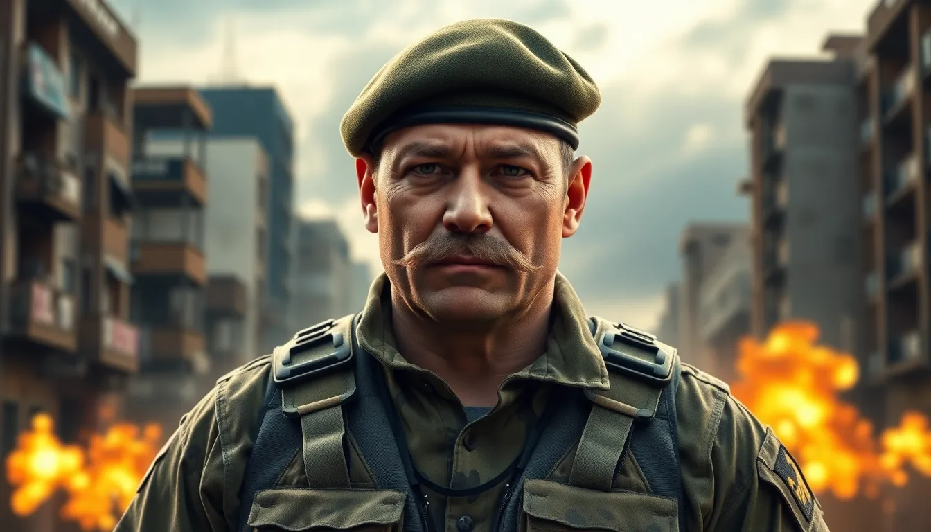 military character in tactical gear in an urban battlefield.