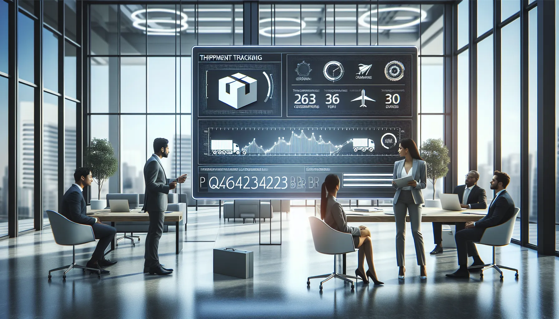 diverse professionals discussing a shipment tracking code in a modern office.