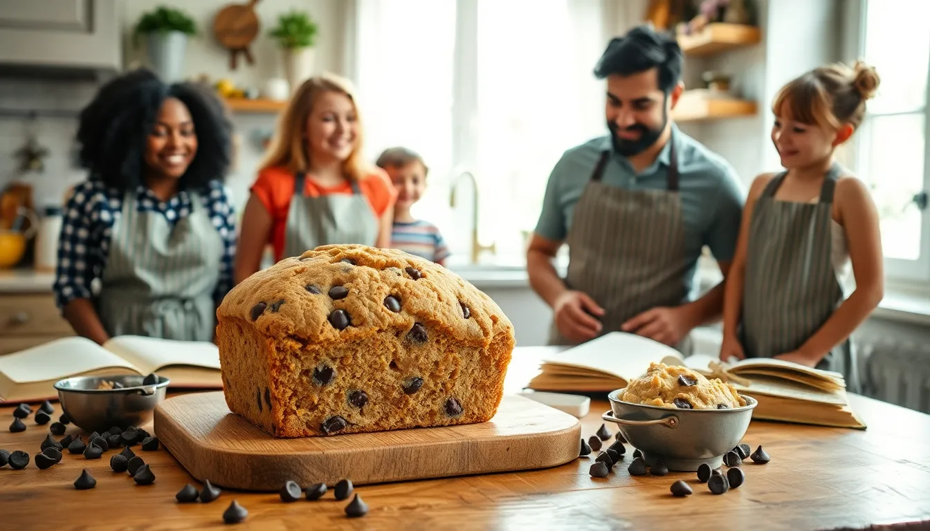 freshly-baked Cookiesforlove bread with chocolate chips and a family baking together.