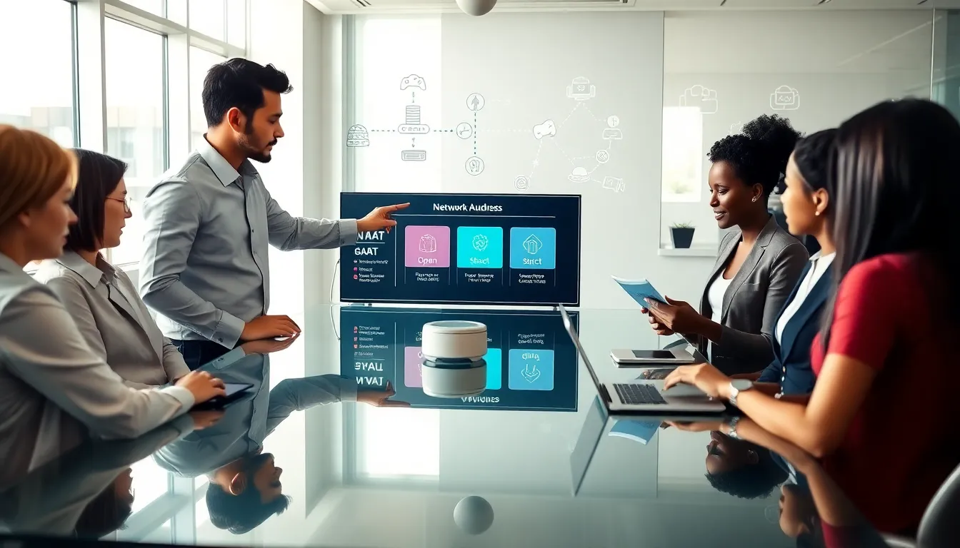 diverse team discussing NAT types in a modern office setting.