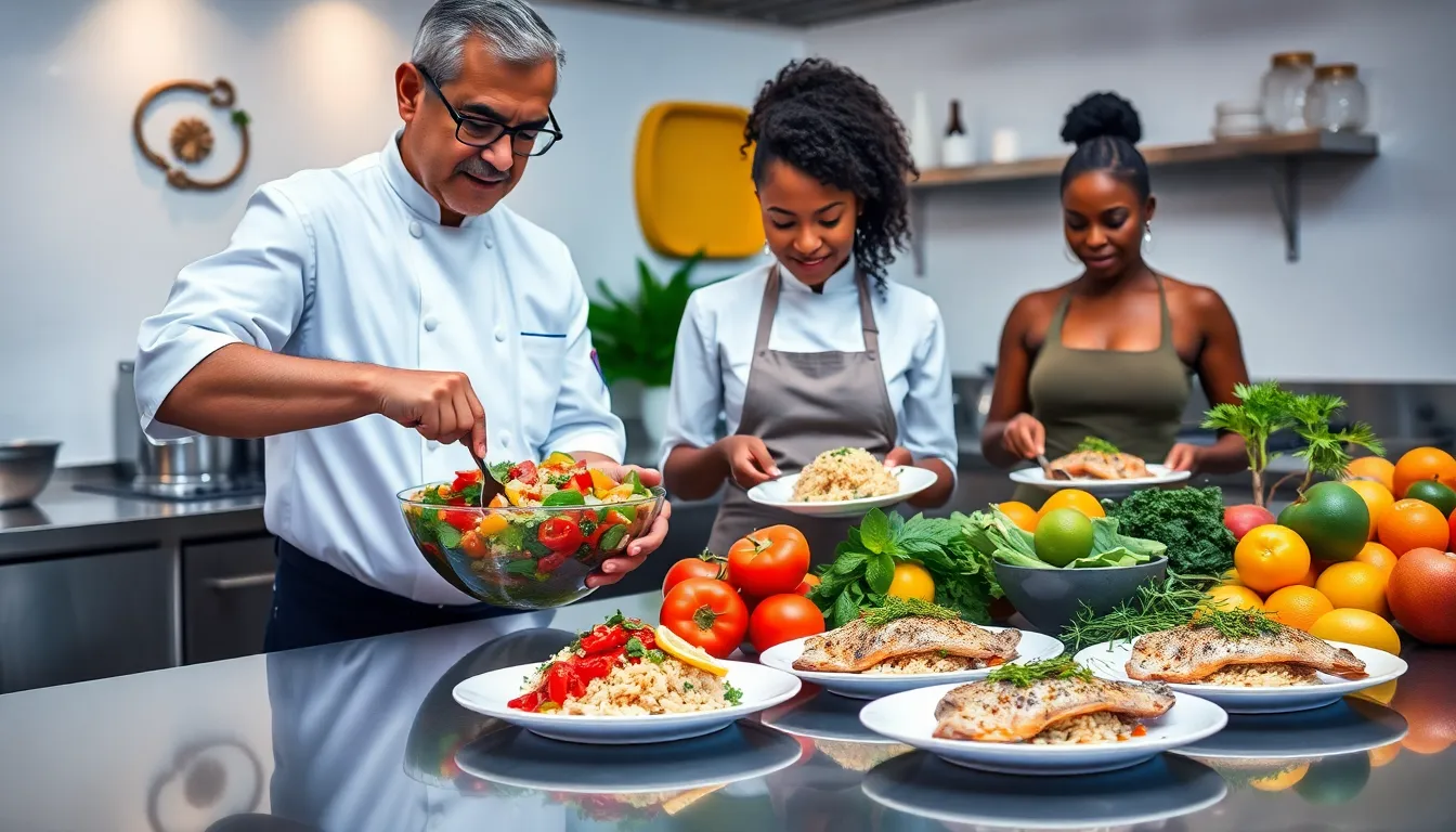 Chefs preparing rizopacho in a lively modern kitchen.