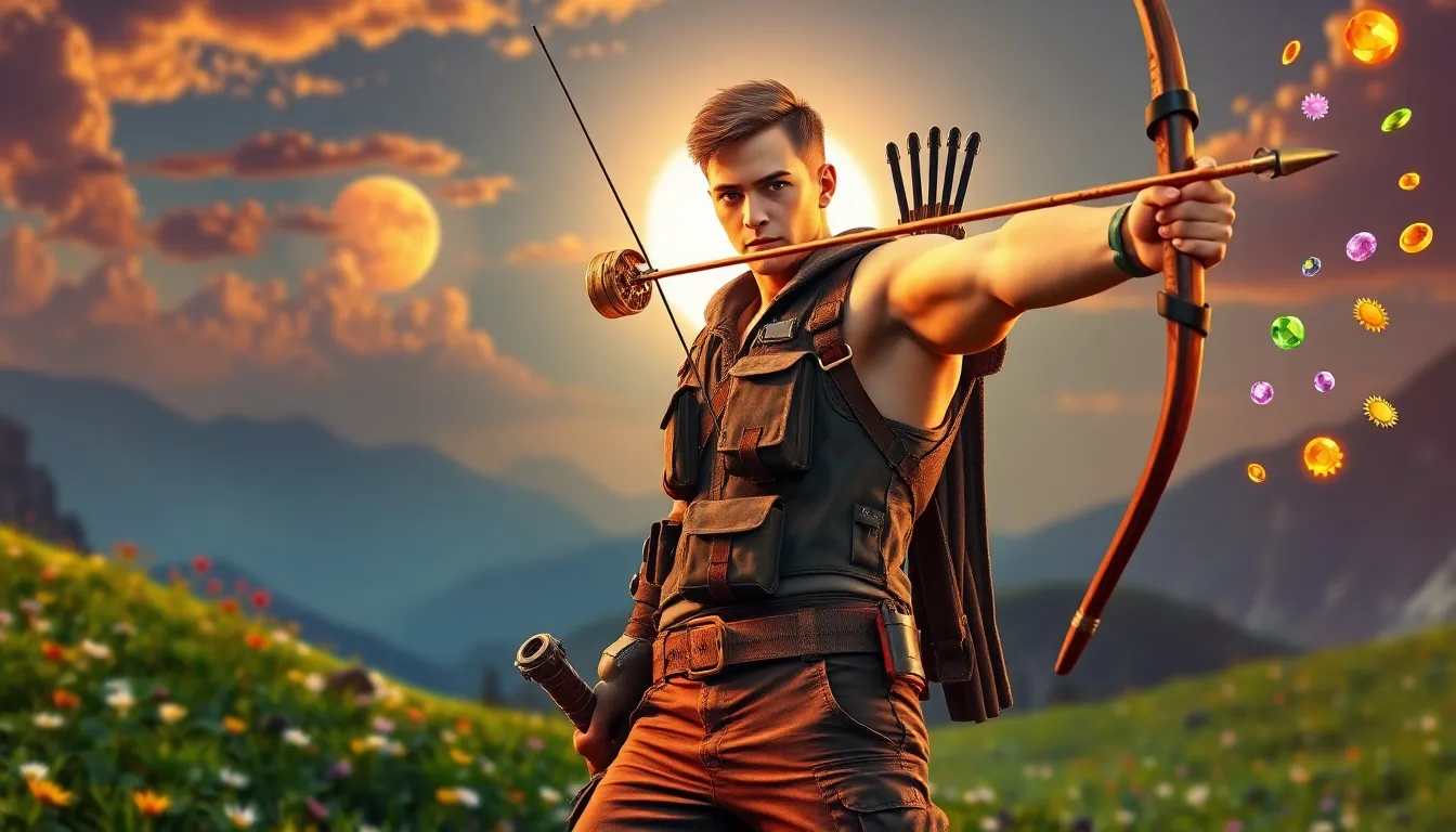 An archer aiming with a bow in a vibrant gaming landscape.