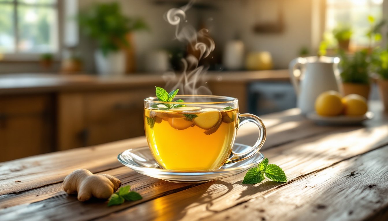 Glass cup of ginger-peppermint tea with fresh herbs on a wooden table.