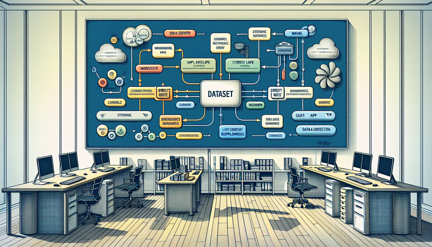 Diagram of enterprise Power BI refresh architecture with datasets, gateways, and licensing tiers.