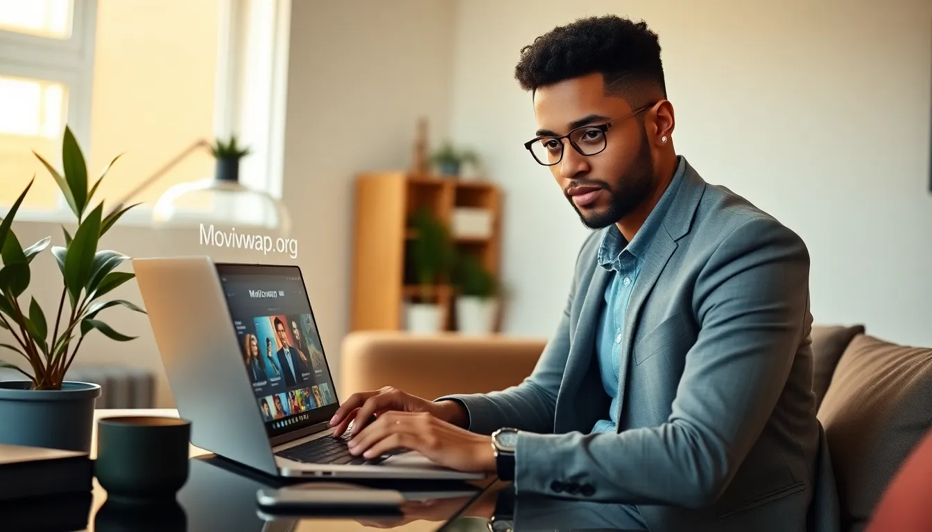 A person exploring Movizwap.org in a modern home office.