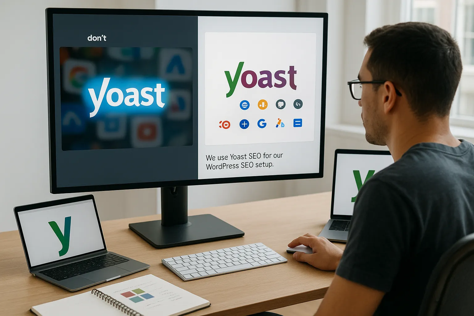 Designer reviewing correct and incorrect Yoast SEO logo usage on a website mockup.