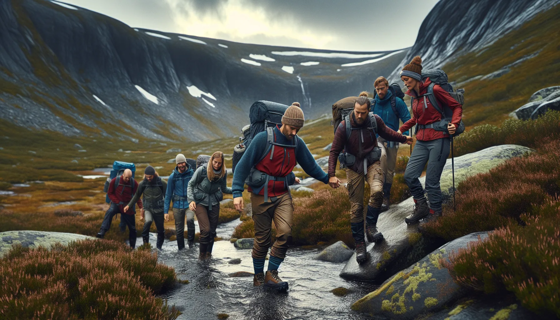 De mest unike opplevelsene for bedriftsgrupper i norsk natur 2 Corporate group hiking in norwegian mountains, helping each other across wet rocks.