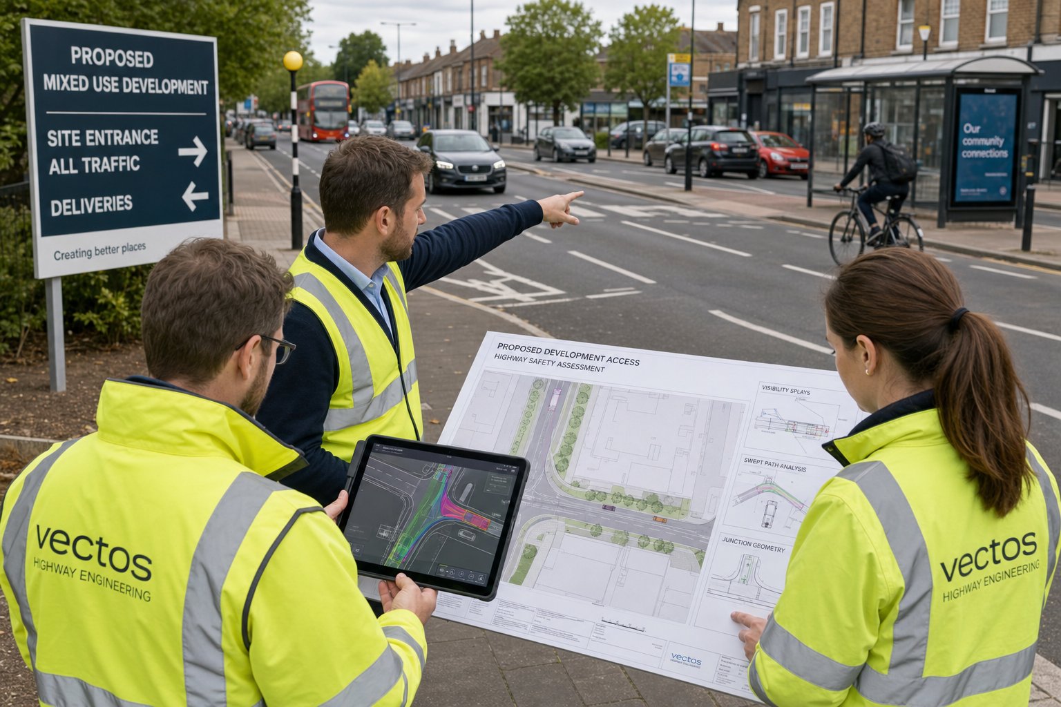 Highway consultants reviewing safe site access on a UK urban roadside.