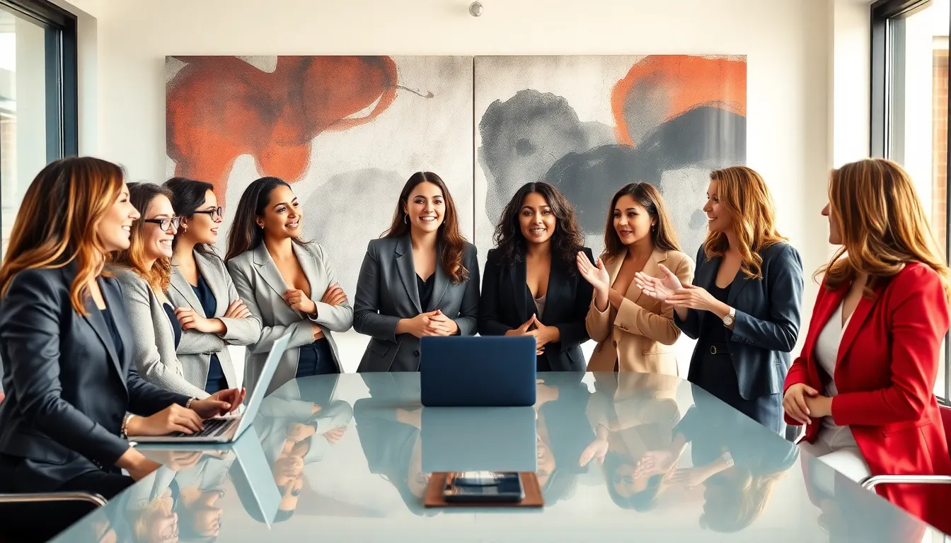 diverse women in a modern office discussing empowerment themes.