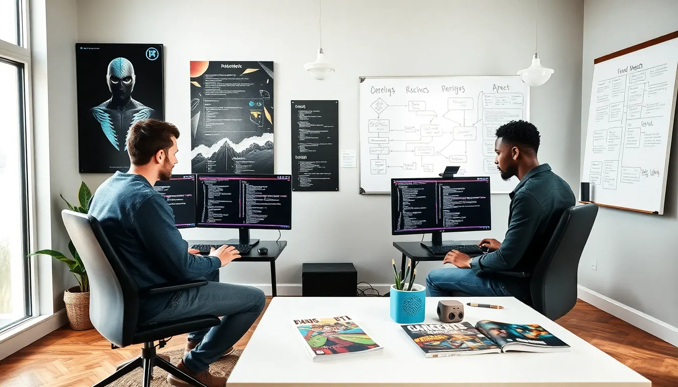 diverse team collaborating on game development in a modern office.