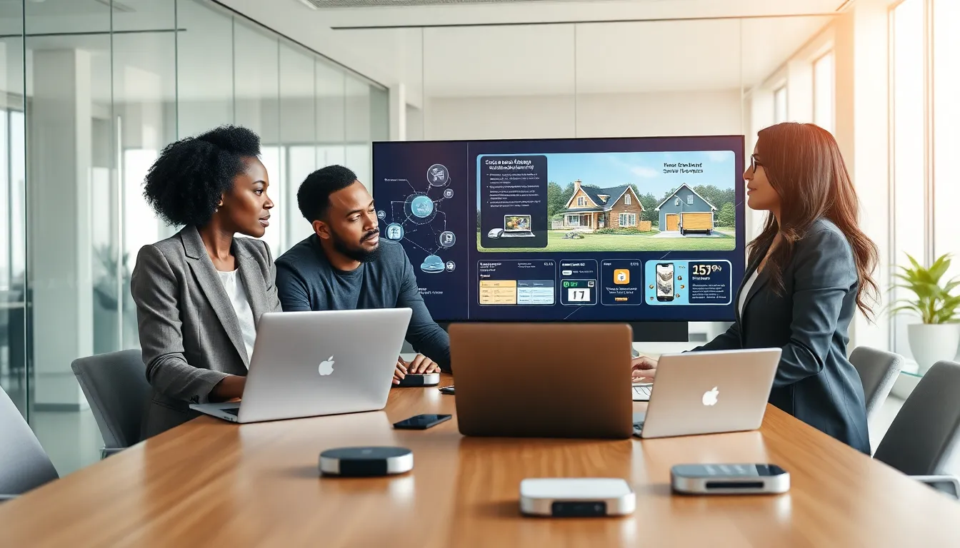 diverse team collaborating on IoT software development in a modern office.