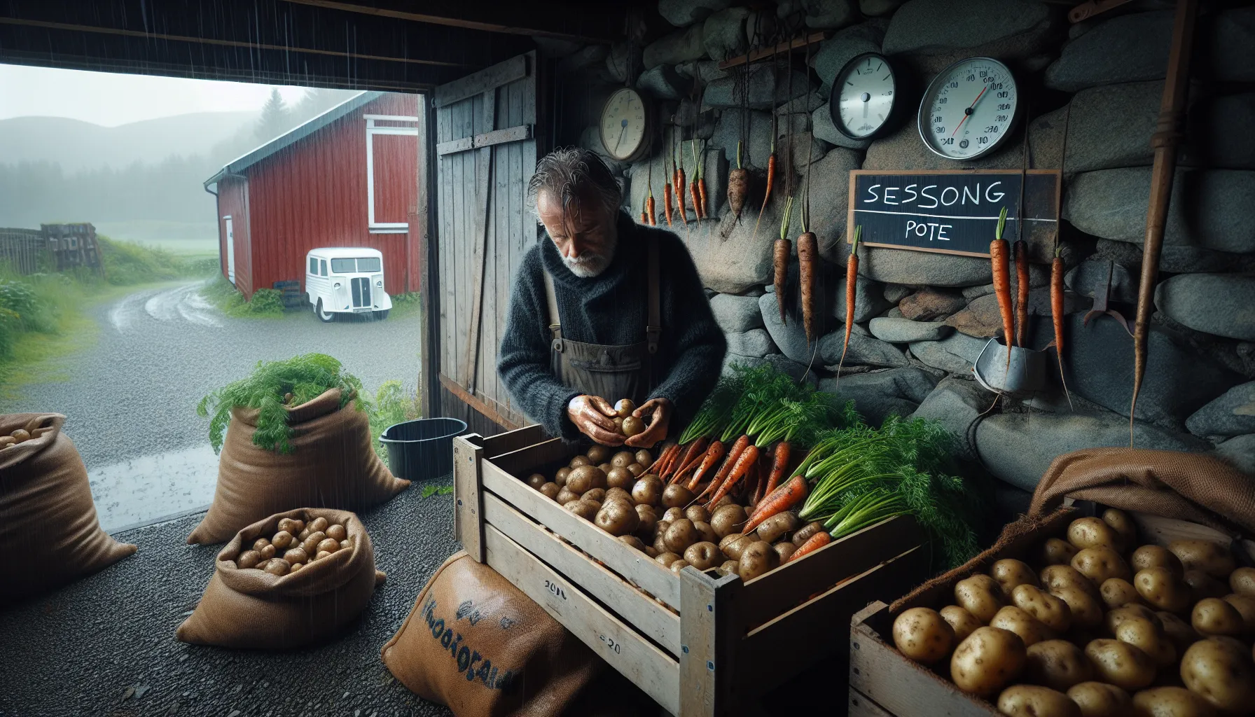 De beste grønnsakene for en bærekraftig livsstil 1 Wooden crate of norwegian root vegetables in a cool, rain-lit root cellar.