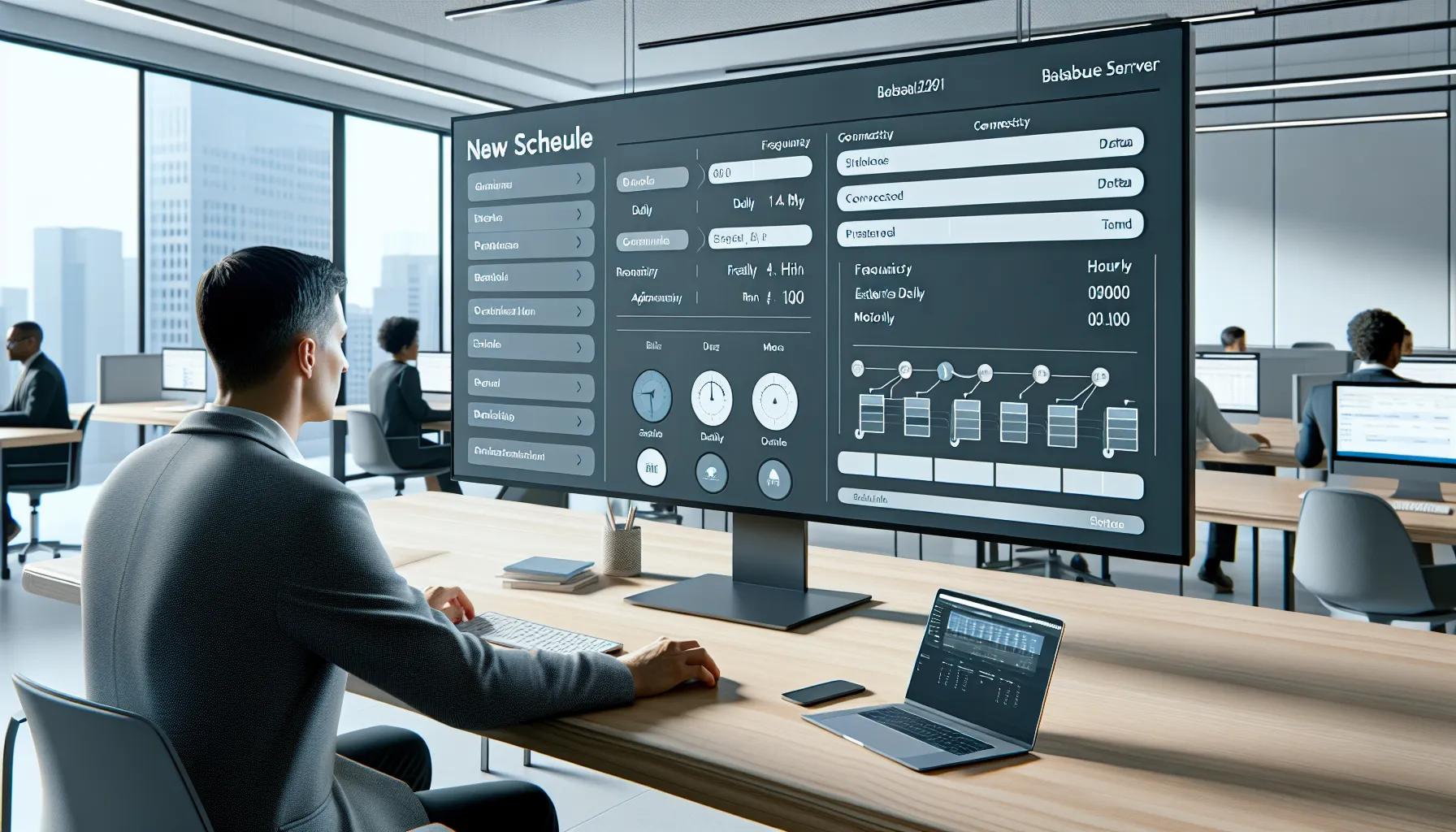 Professional configuring Tableau extract refresh schedules on a monitor in a modern office.