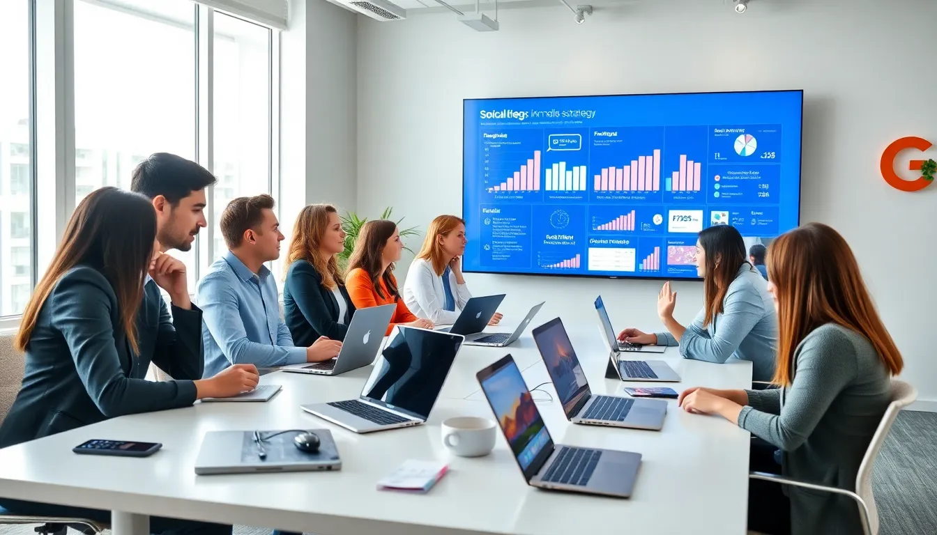 diverse team collaborating in a modern office on social media strategies.