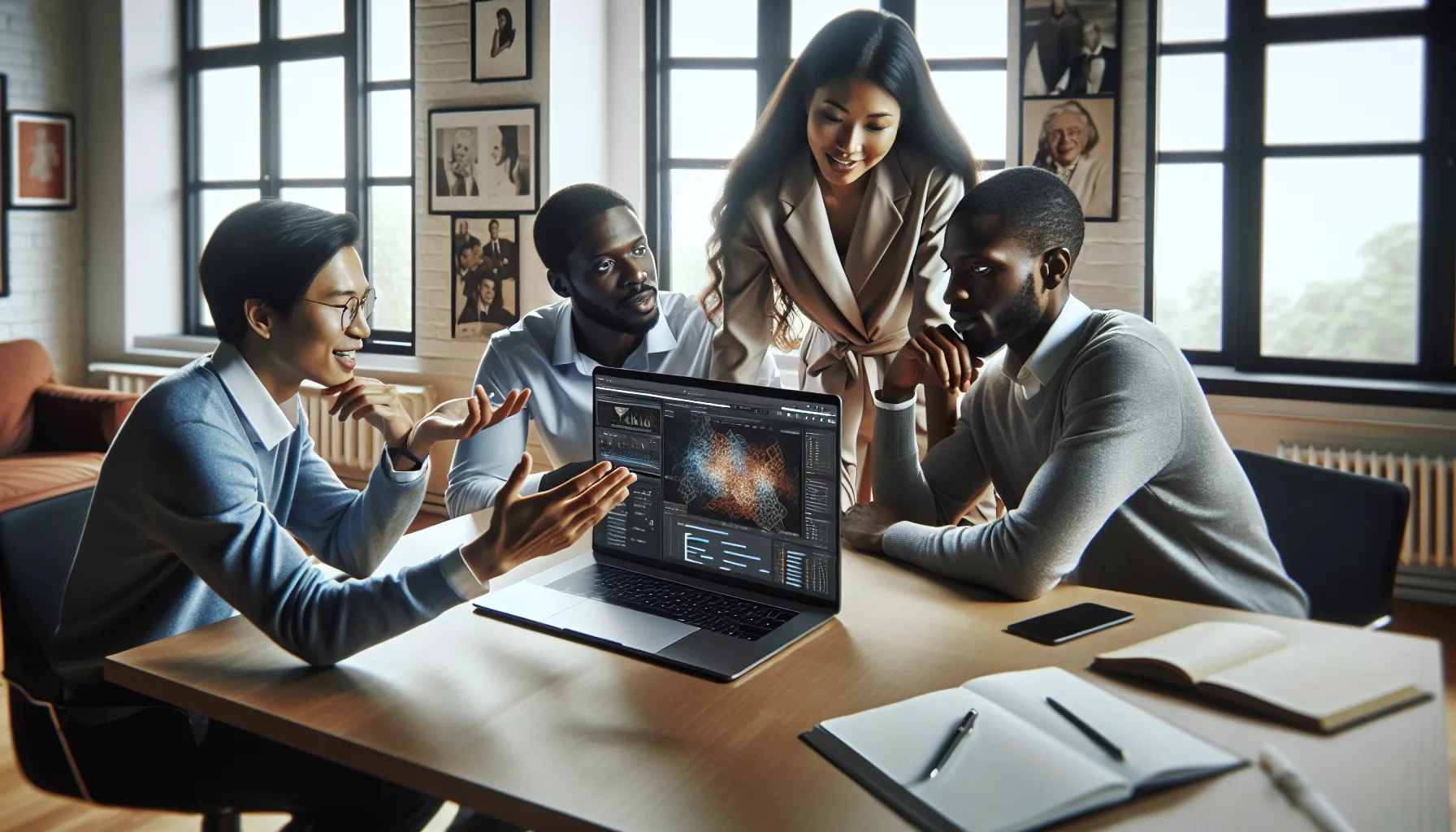 diverse team discussing iBooma Telugu in a modern office setting.