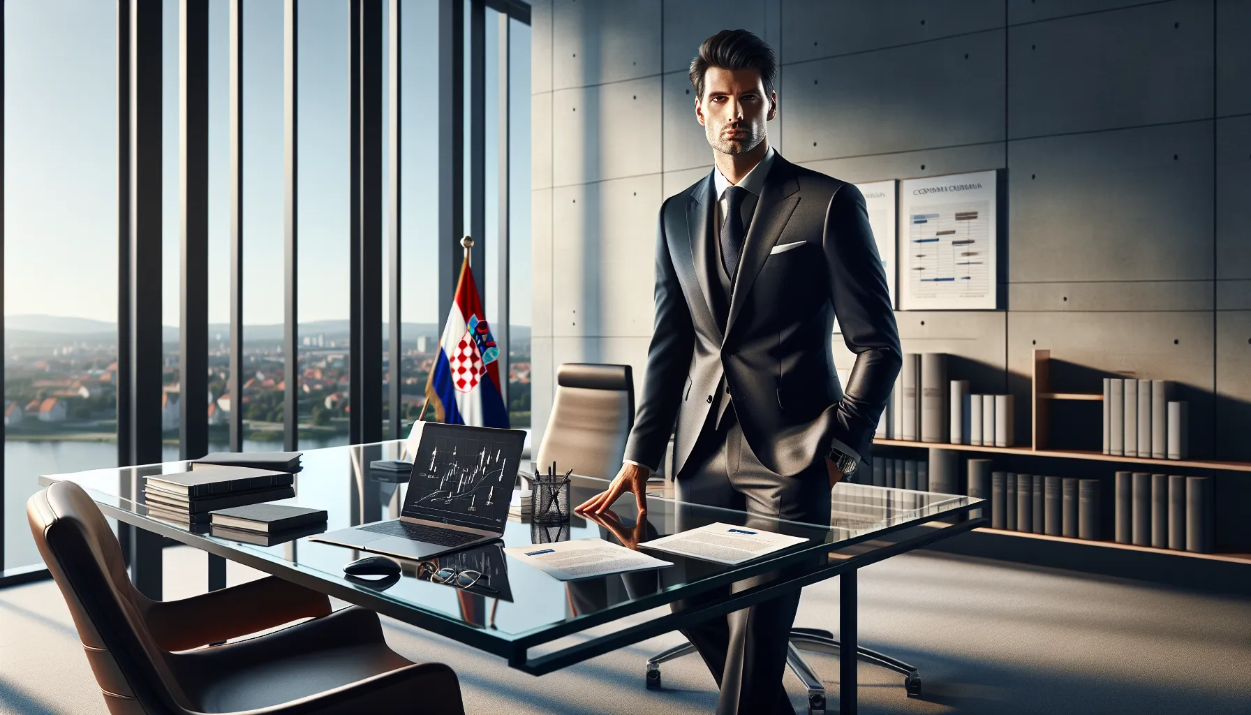 Croatian business executive in modern office with legal documents