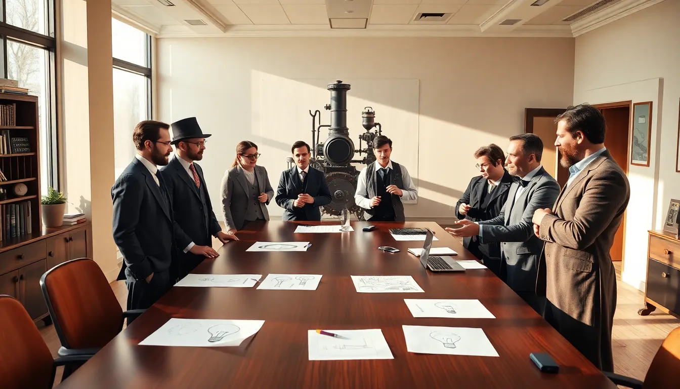 inventors in a modern office discussing 1800s technological innovations.