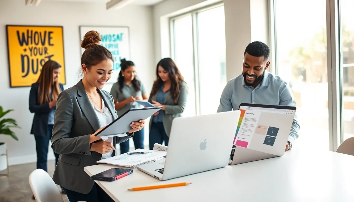 diverse professionals collaborating in a modern design workspace.